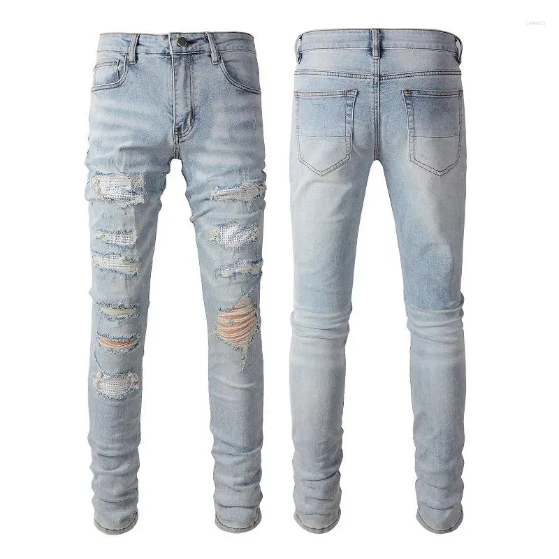 Men's Jeans High Quality Rhinestone Distressed Baggy Blue Men Ripped Hole Boyfriend Streetwear Denim Pants Drop