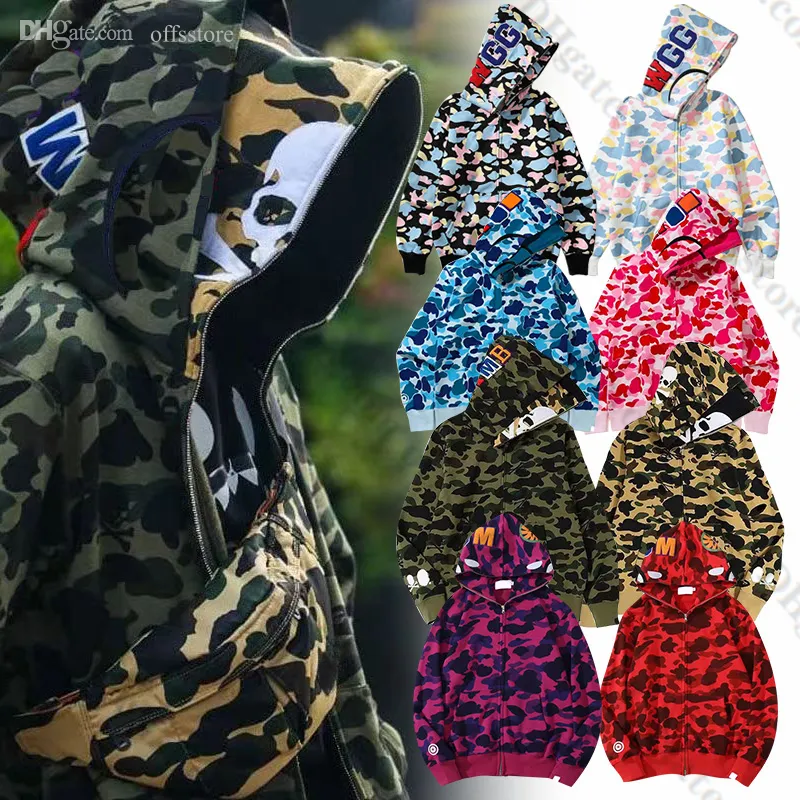 Erkek Tasarımcı Hoodie Full Zip Up Shark Hoodies Kadın Kamuflaj Ceket Hoody Hooded Sweatshirt Adam Kadın Kazak Uzun Kollu Bapes Tech Fleece A1ZW#