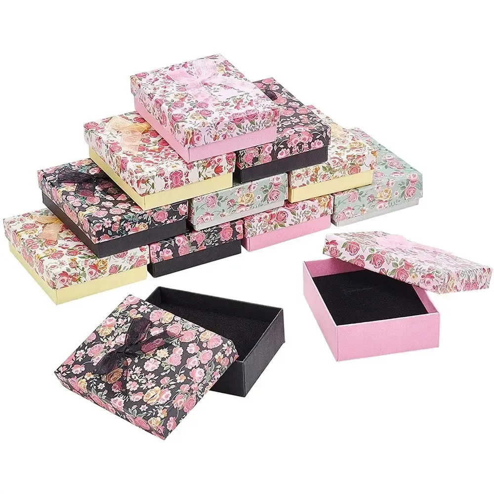 24pcs Cardboard Jewelry Gift Boxes Floral Pattern Bowknot Display Packaging Storage Case Organizer for Necklace Ring Earring Box 231227