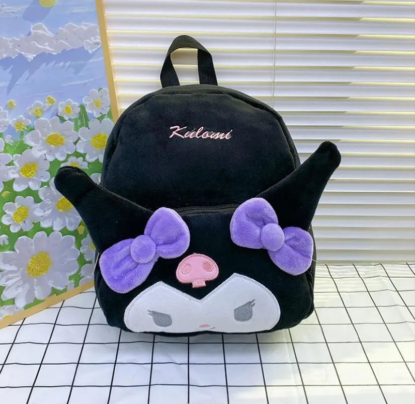 Estudante de desenhos animados Kuromi Plush Backpack Girl fofo zíper de grande capacidade de ombro duplo