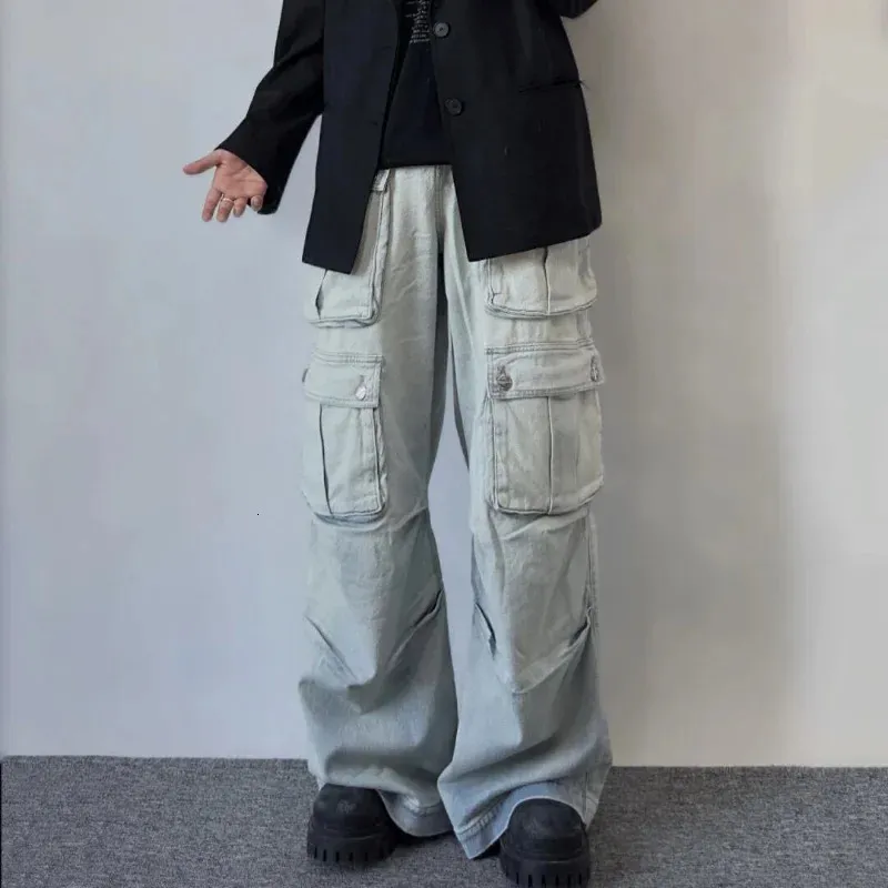 Harajuku gewaschene Cargohose mit mehreren Taschen und weitem Bein, amerikanische Straße, lockere gerade Jeans, Hip Hop, lässige Wischhose 231227