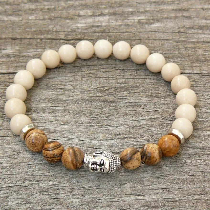 SN0232 New Silver Buddha Wrap Men Bracelet Buddha Jasper Bracelet Buddha Jewelry Yoga Unisex Stretch Bracelet345j