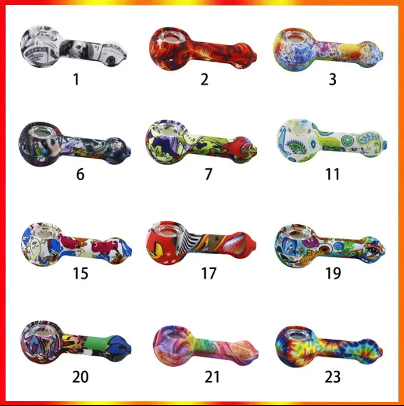 Water pipe Full color Silicone pipes Travel Tobacco Pipes Spoon Cigarette Tubes Glass Bong Dry Herb Accessories Smoking Pipe for Dry Herb Portable unbreakable