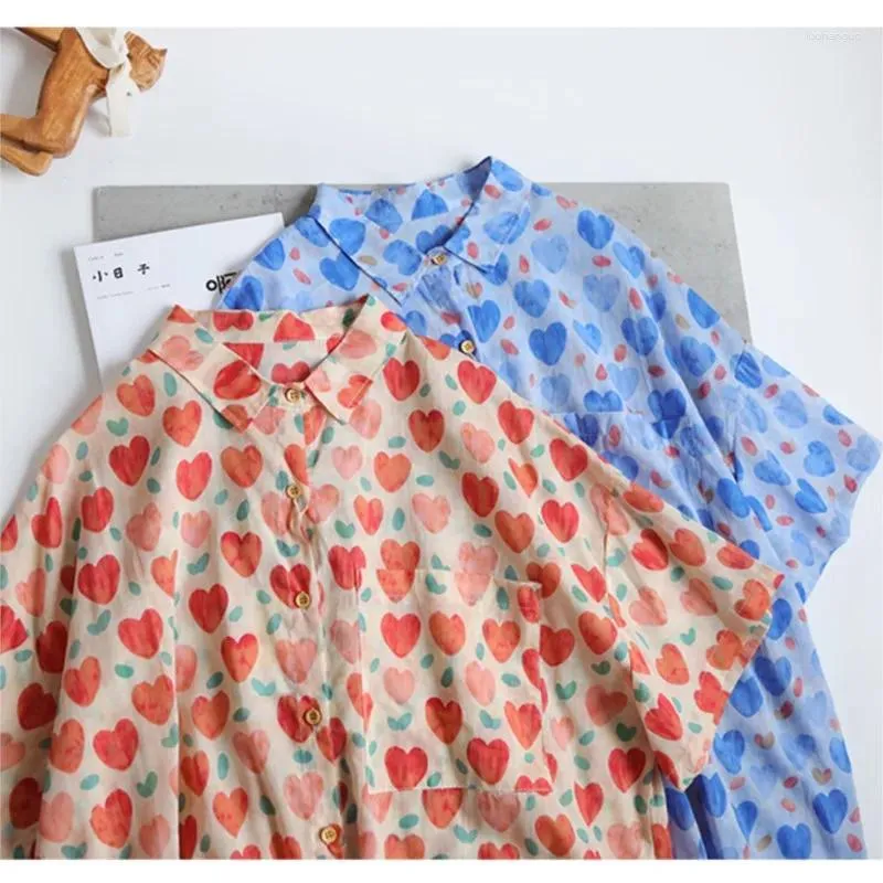 Chemisiers pour femmes Chemise de poche en coton d'été Dames Tendance Casual Senior Love Print Chemises à manches courtes T-shirts coréens Grande taille S-5XL