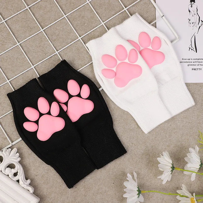 3D Cat Paw Three-Dimensional Meat Pad Gloves Cute Cat Paw Print Exposed Finger Girl Plush Knitted Warm Accessories