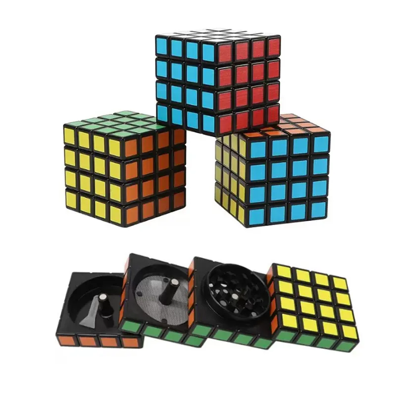 Rauchzubehör Rubik Cube Tabakmühle DIA 58mm Vierschicht Zinklegungsgewürz trockener Kräuter -Brecher Bunte Schleifen