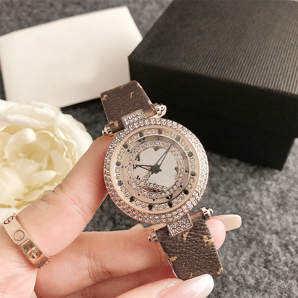 Fashion Full Brand Wrist Watches Women Girl Diamond Rotatable Dial Style Brown Leather Strap Quartz Luxury Clock L 101