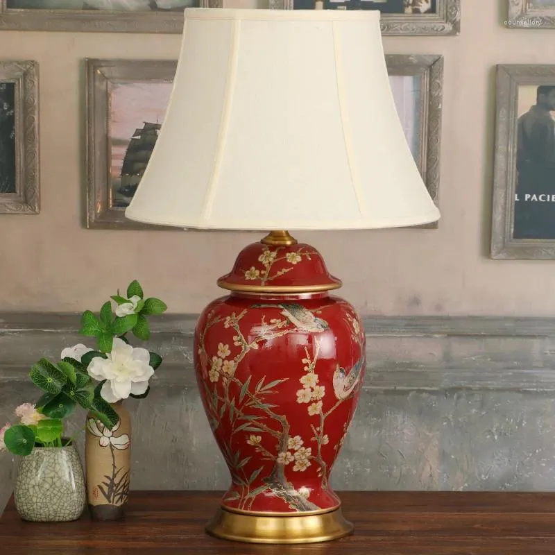 Table Lamps Chinese Style Ceramic Lamp Bird Flower Living Room Wedding Red Creative American Bedroom BedsidE