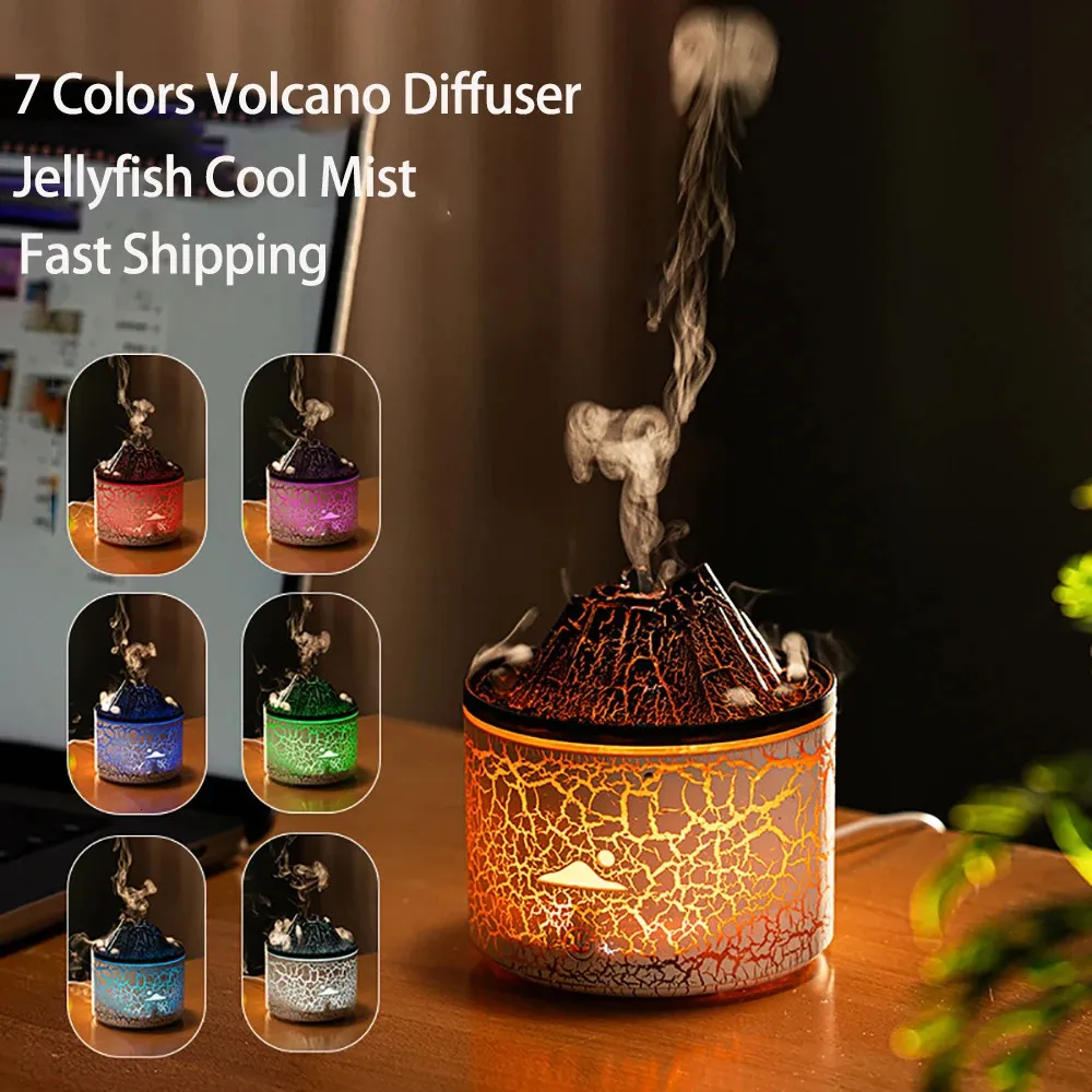 Vulkaan Diffuser Essentiële Oliën Kwallen Cool Mist Luchtbevochtiger Vlam Aroma Diffuser voor Slaapkamer Geur voor Thuis 180ml 7 Kleur 231226