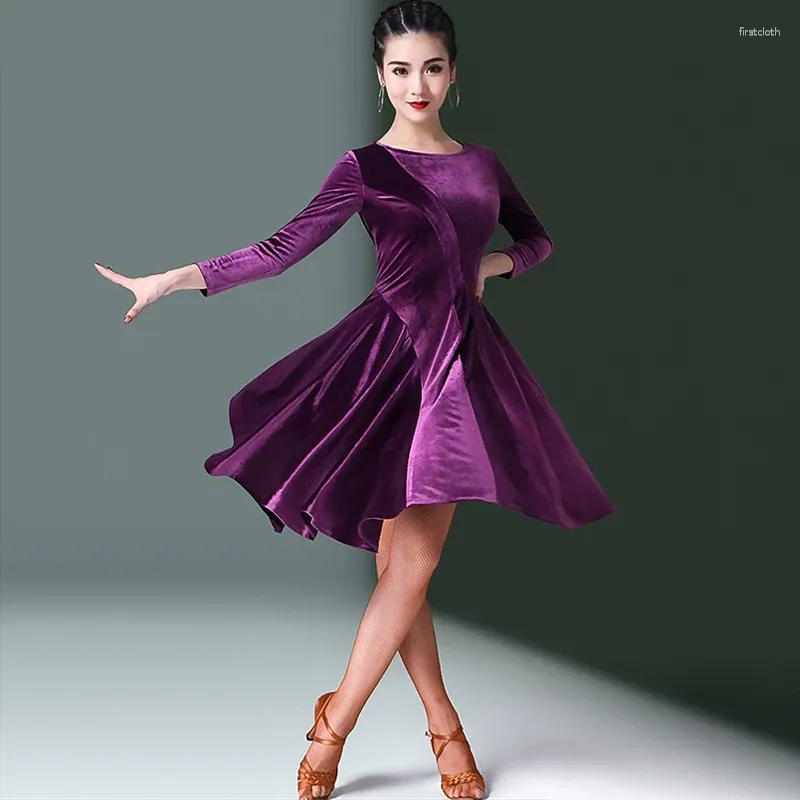 Stage Wear Sexy Latin Dance Dress Autumn And Winter Adult Women Long-sleeved Velvet Professional Social Training