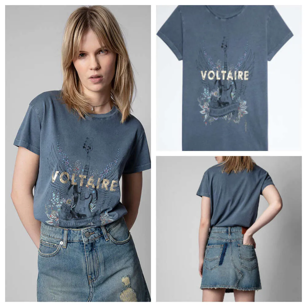 24SS Zadig Voltaire T-shirt feminina ZV Letra de guitarra estampando a cor de manga curta feminina