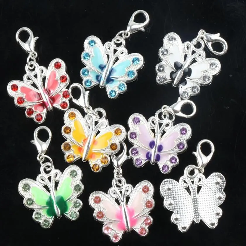 7colors Enamel Butterfly Rhinestone Charms 56pcs lot 22x35 mm Heart Floating Lobster Clasps Charm for Glass Living Memory Locket C248u