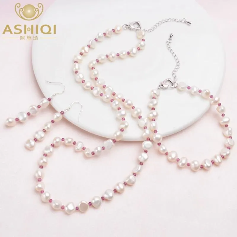 セットAshiqi Natural BaroquePearl Jewelry Sets Real Fripter Pearl Necklace NaturalCrystal Bracelet for Women New到着