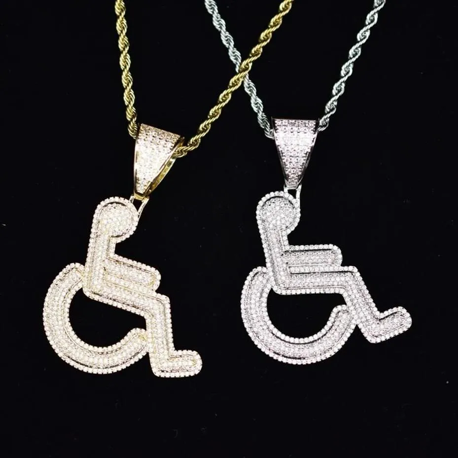 Ожерелья с подвесками Iced Out для инвалидов-колясочников с логотипом, ожерелье золотого, серебряного цвета, блестящий кристалл CZ, хип-хоп, рэперская цепочка для мужчин, женщин251V