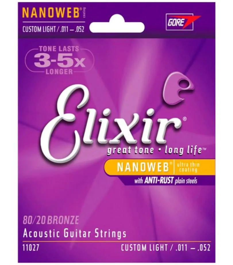 5 conjuntos de 5 conjuntos Elixir 11027 Strings de guitarra acústica 011052 8020 Bronze com Nanoweb Ultra Fin Coating Custom Light5360480