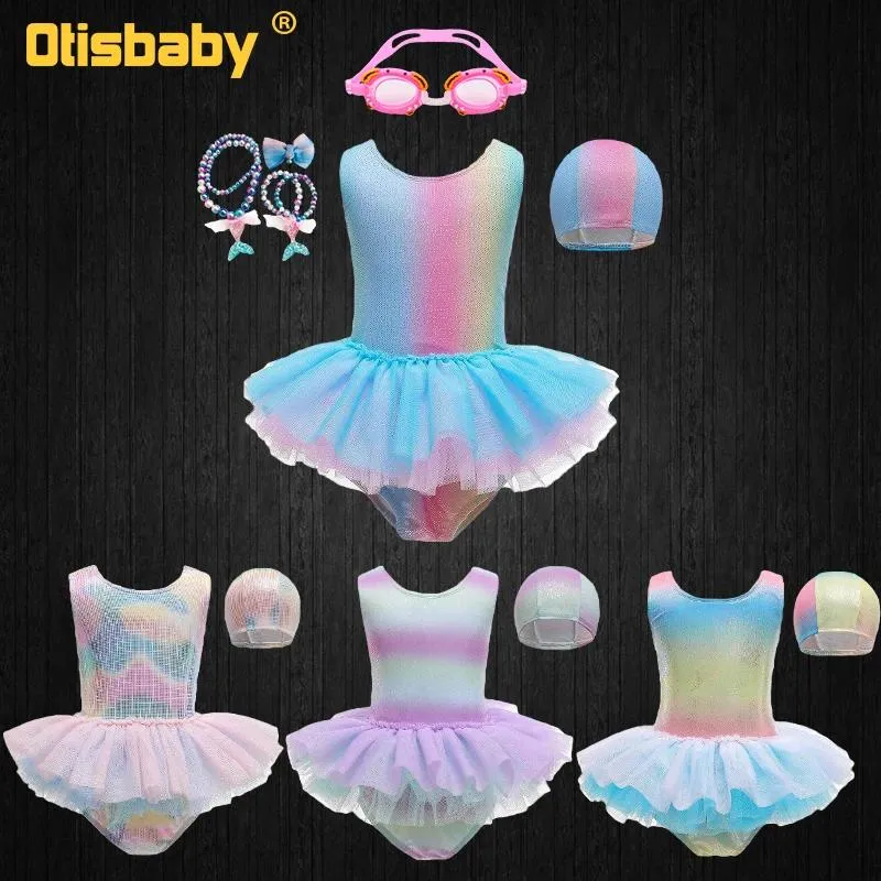 Set One Piece Ins Fashion Girls Shining Rainbow Costume da bagno per bambini Tulle colorato TUTU Costume da bagno Summer Child Abiti da spiaggia