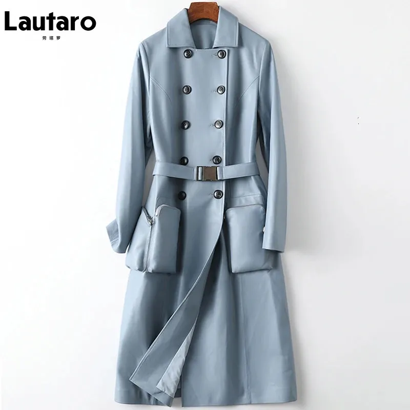 Lautaro Herfst Lange Zacht Lichtblauw Lederen Trenchcoat voor Vrouwen Riem Double Breasted Elegante Luxe Britse Stijl Mode 231226