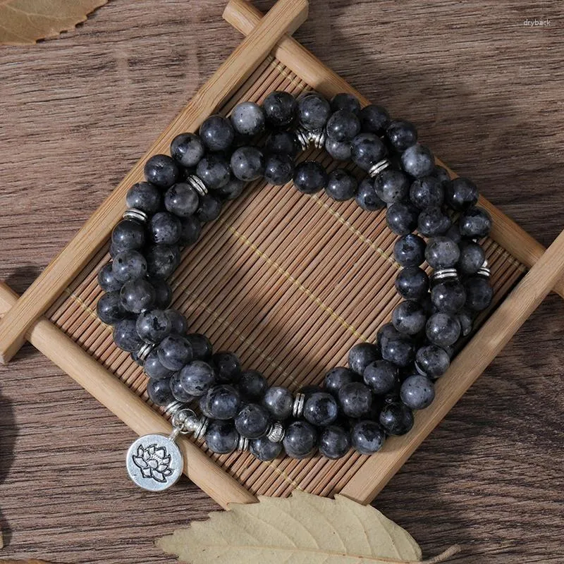 Strand OAIITE 8mm Perline naturali Bracciale in pietra glitter nera da uomo Ciondolo di loto avvolto Rosario 108mala Collana da donna per meditazione