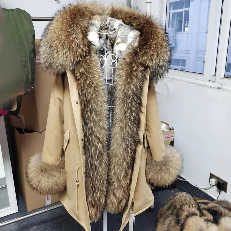 Maomaokong Real Natural Raccoon Big Fox Fux Fur Collar Parkas Long Female Winter Rabbit Lining Inner Jacket Fur Coat Outerwear 231226