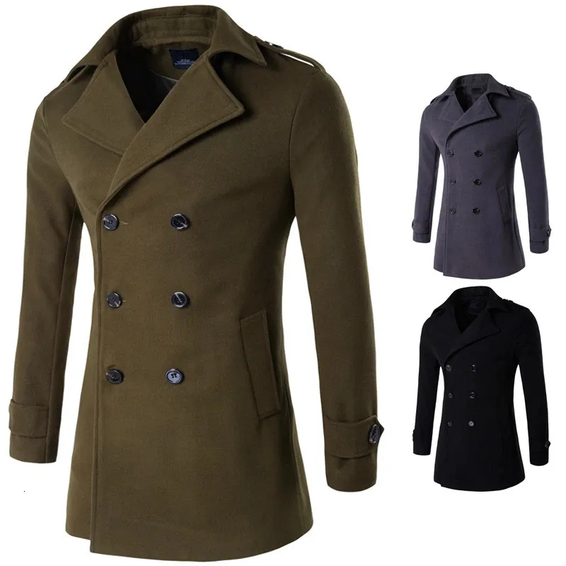Весенне-осеннее мужское шерстяное пальто с двойной грудью, Тренч с длинными рукавами, мужское зеленое пальто в стиле милитари, шерстяное ветрозащитное пальто 231226