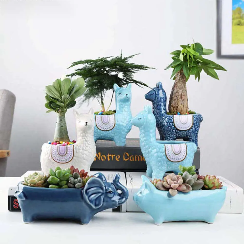 Cartoon Cute Alpaca Succulent Flower Pot Desktop Placed Potted Container Decoration Gift Balcony Plant Ceramic Creative 210615