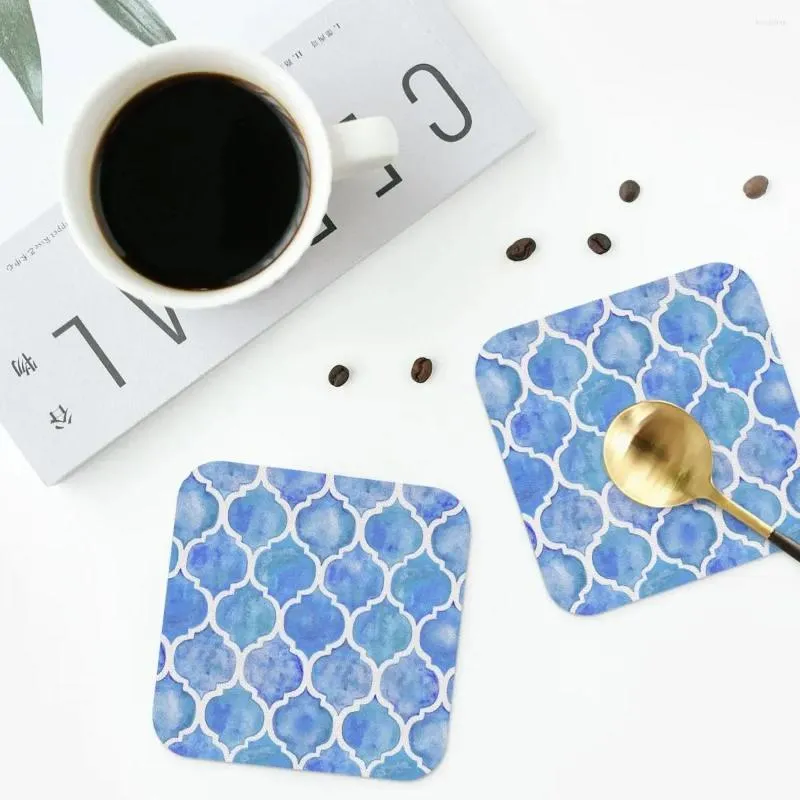 Table Mats Cornflower Blue Moroccan Watercolor Pattern Coasters PVC Leather Placemats Insulation Coffee Kitchen Dining Pads Set Of 4