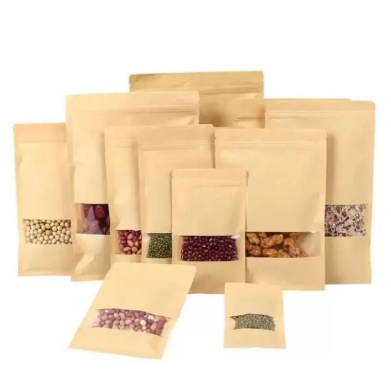 Kraft Paper Bag Stand Up Gift Torkad matfruktte Förpackning Puches Window Retail dragkedja Självförseglingspåsar 14 storlekar UIMAC KPWCN