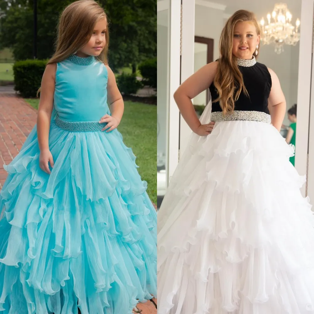 Puffy Aqua Princess Dress Ballgown Baby Girls 1st Birthday Spädbarn Flower Girl Child Kid Toddler Gown Ruffle Preteen Young Junior Little Miss Black-White High Neck