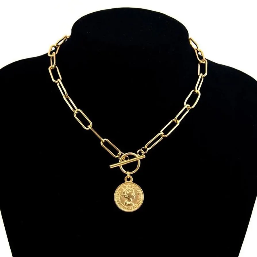 Pendant Necklaces Vintage Carved Coin Necklace For Women Stainless Steel Gold Color Medallion Long Choker Boho Jewelry Collier209T