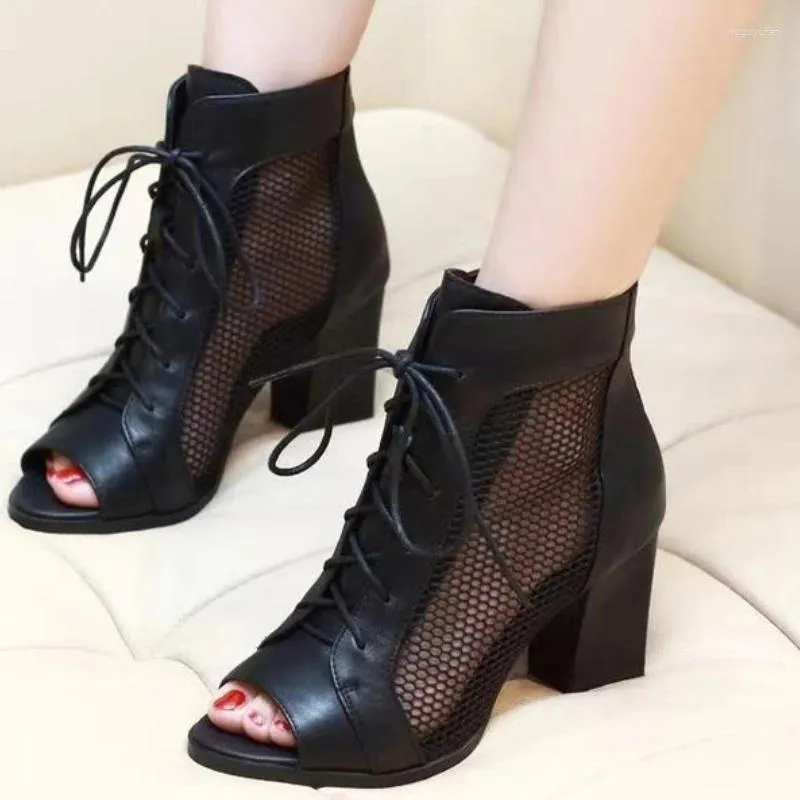 Dress Shoes Fish Mouth Sandals Women Mesh Large Size Lace Up Back Zip High Heels Comfortable Lightweight Hollow Sandalia Feminina