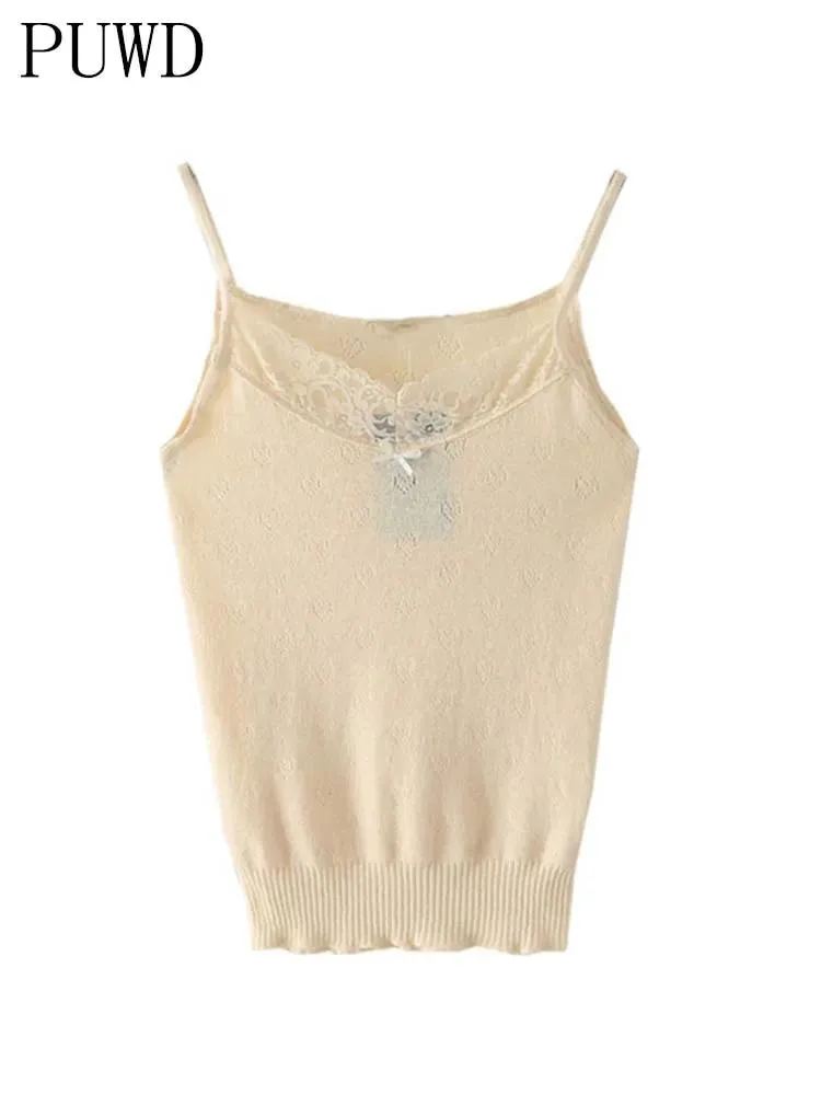 Serbatoi PUWD Casual Donne di Colore Solido Morbido Carro Armato Del Cotone 2022 di Estate Delle Signore di Modo Beige Bordo In Pizzo Sottile Breve Magliette e camicette Femminile Chic Crop Top