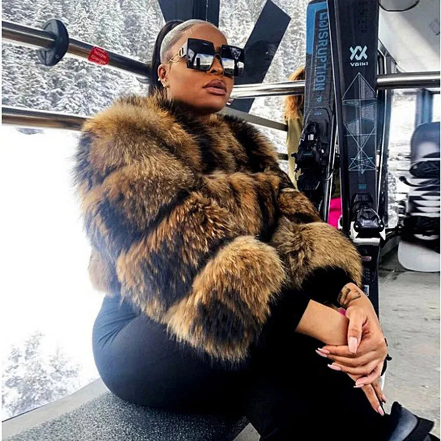Maomaokong Super Winter Women Luxury Tjock Real Raccoon Fur Coat 100 Natural Jacket Plus Size Jackor Female Vest 231226