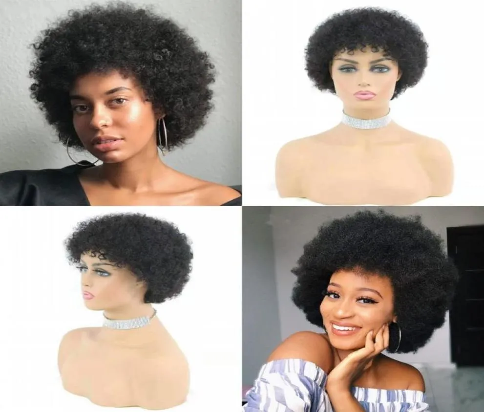 Mongolische kurze Afro-verworrene lockige Echthaar-Perücken, 20,3 cm, maschinell hergestellte Perücke für schwarze Frauen 4688036