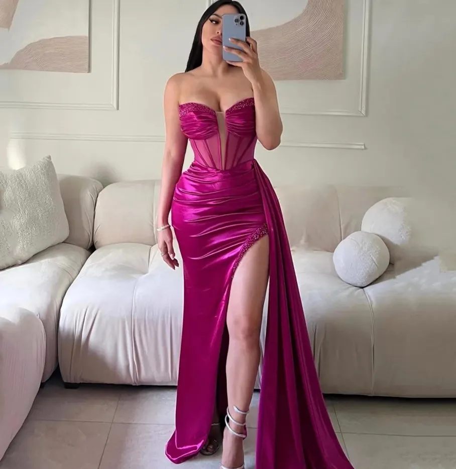 Seksowna sukienka wieczorna Fuchsia Mermaid 2024 Sweetart Freading Side Split Satin Długość podłogi Formalna impreza suknie balowe szat de soiree