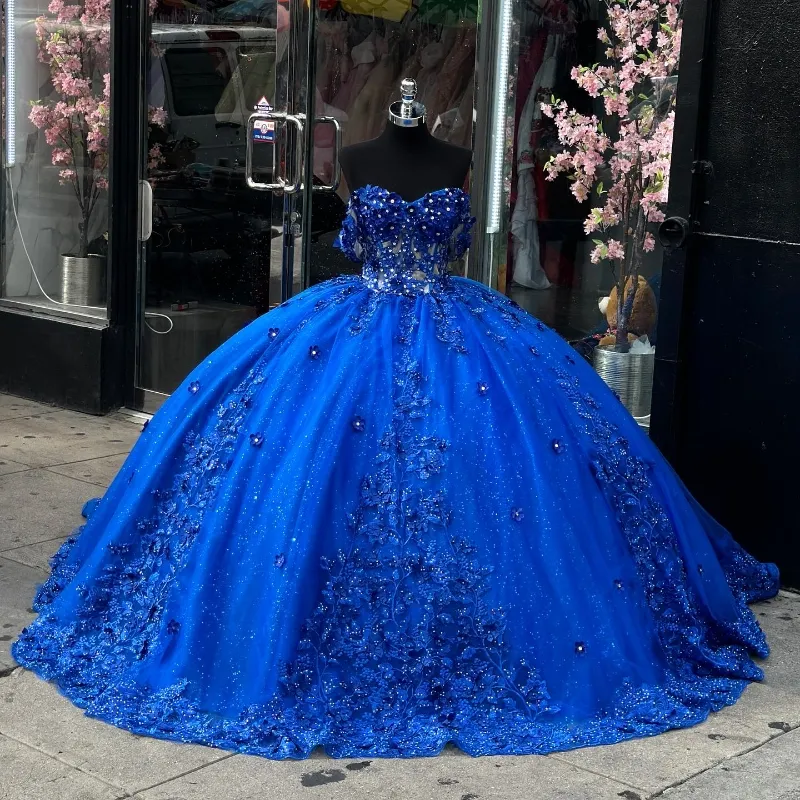 Синие блестящие платья Quinceanera Ball Applique Beads Платье для вечеринки по случаю дня рождения