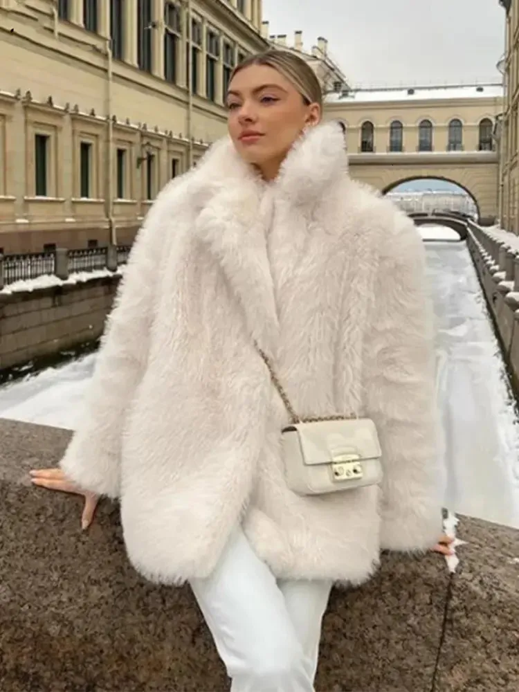 2023 hiver chaud fausse fourrure manteau femmes à manches longues col rabattu solide femme longs manteaux fourrure épaississement luxe dame vêtements d'extérieur 231226