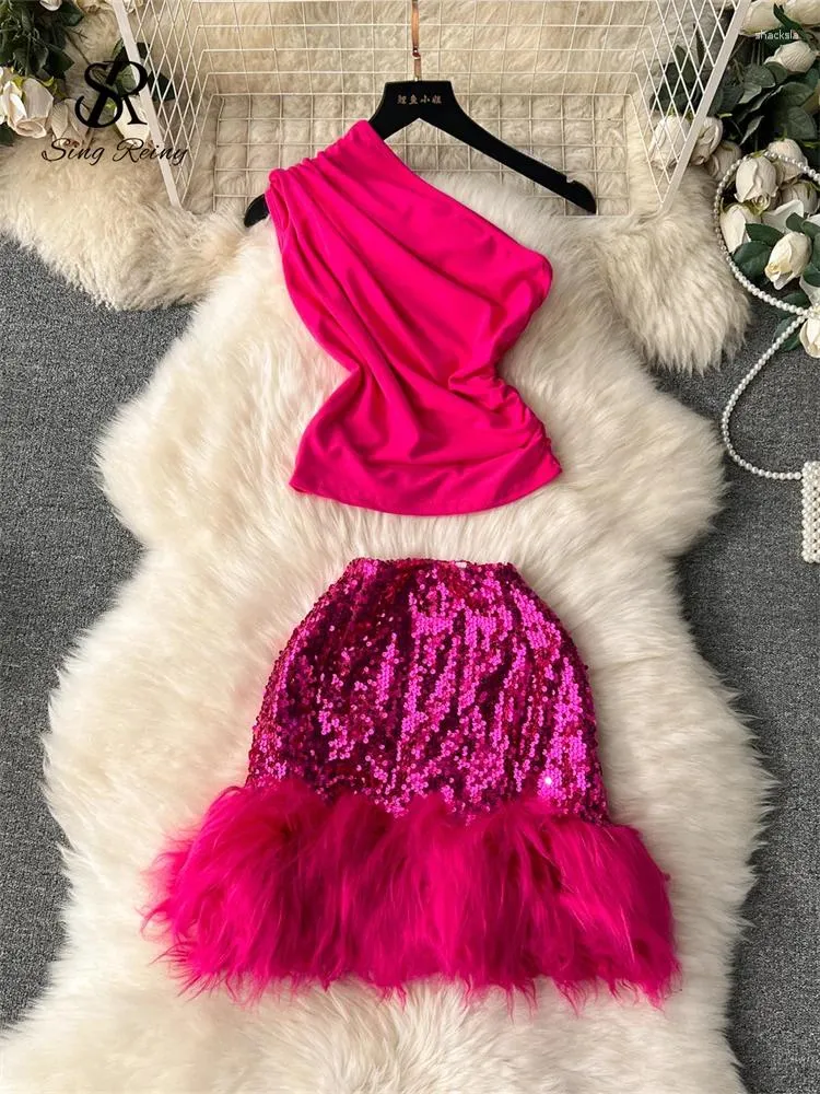 Work Dresses SINGREINY Sweet Women Fashion Suits Diagonal Collar Slim Tops Mini Sequins Fur Skirt Ins Club Party Sexy Two Pieces Sets