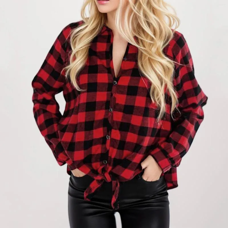 Kvinnors blusar Red Plaid Shirt Autumn Spring Vintage Long Sleeve Shirts Button Up Overdimased Casual Tops Tunic Blusas Mujer 2024