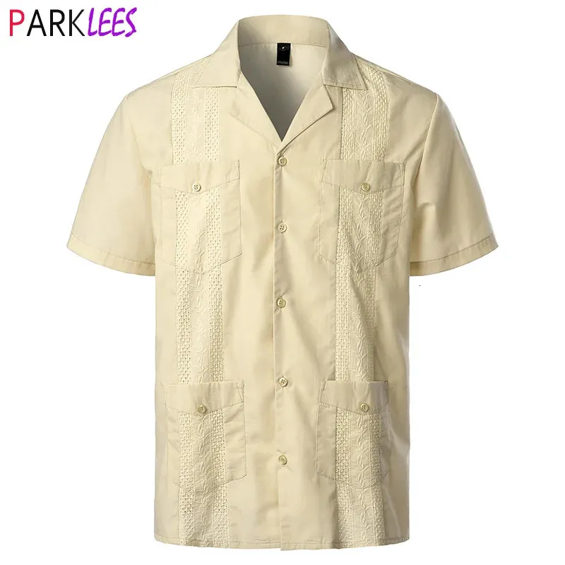 Män's Traditional Cuban Camp Collar Guayabera skjorta Kort ärm broderad mexikansk karibisk stil strand med 4 fickor 231226