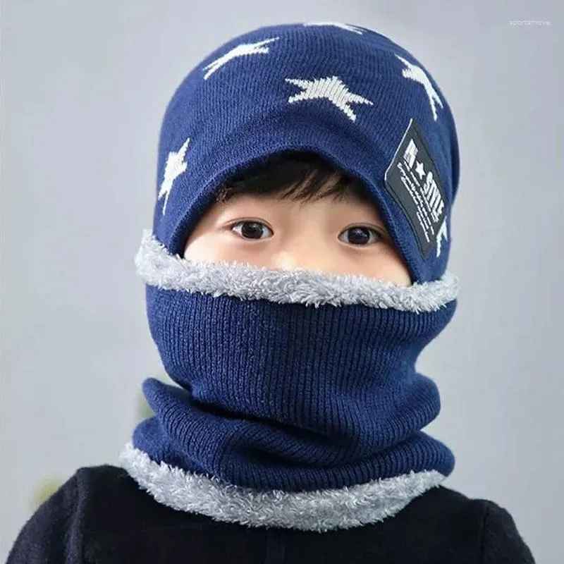 Basker vinter stickade hatt barn plus sammet varm halsduk ett stycke mössa förtjockade ull flickor öronskydd barn kalltäta