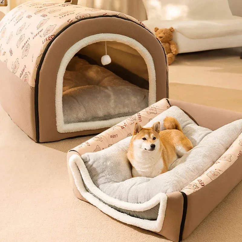 Winter Pet Cat Bed Foldable Dog House Villa Sleep Kennel Removable Nest Warm Enclosed Cave Sofa Big Supplies 231227