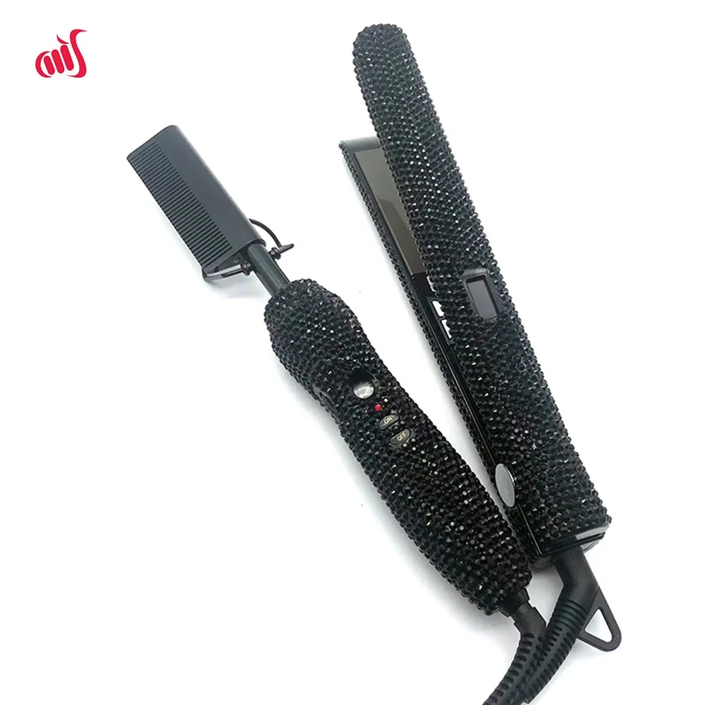 Hårrätare och kamsuppsättning med Rhinestone High Heat Flat Iron Straight Combo Peigne Chauffant Lisseur Lisseur Cheveux 231227