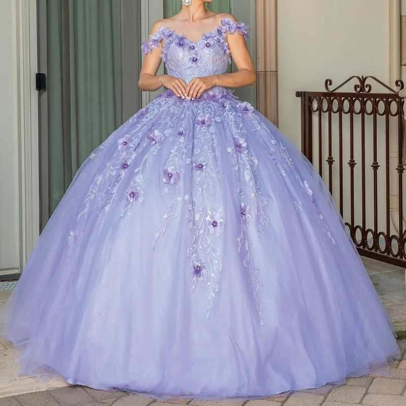 Vestidos quinceanera de lavanda fora do ombro vestido de baile medieval 3d flores apliques tull rendas até vestido de 15 anos robe bola