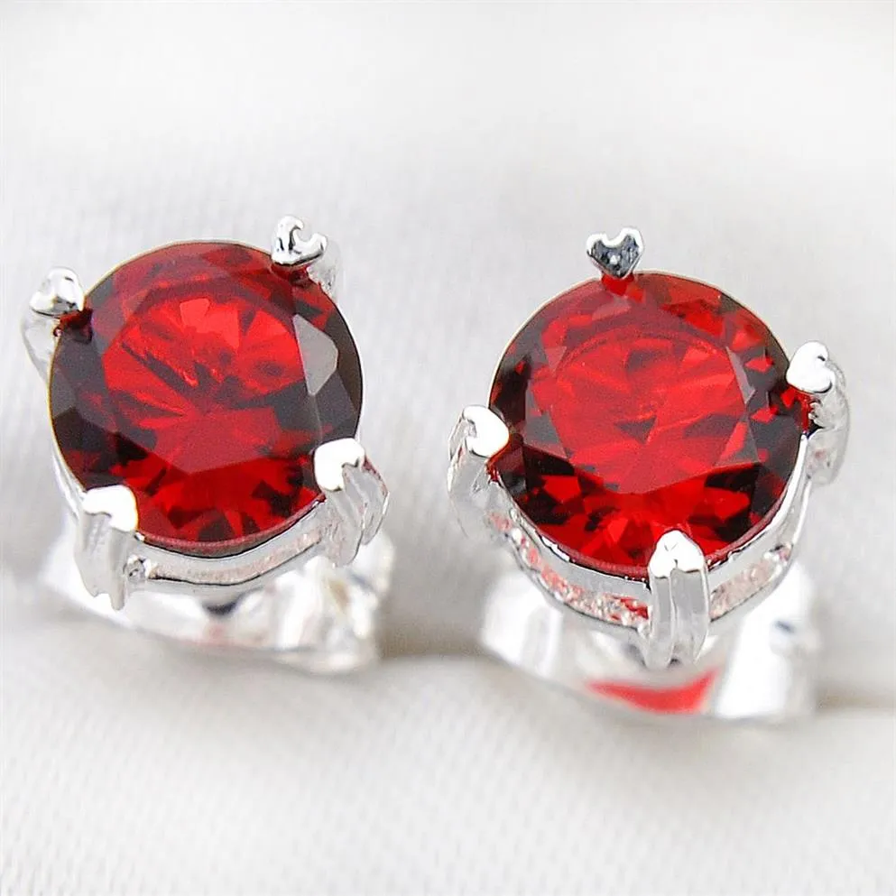 12 pares de 5mm Luckyshine superb redondo brillante gemas de cuarzo rojo pendientes de circón de plata regalo de boda para mujeres pendientes de tuerca Jewelry232F