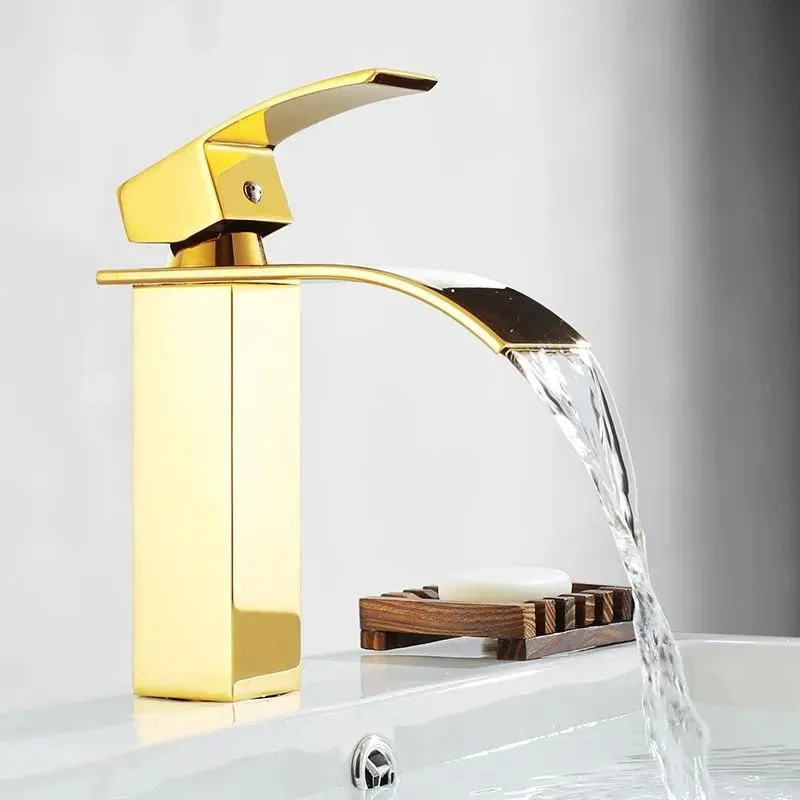 Faucets Free shipping Contemporary Waterfall Bathroom washbasin Sink Faucet PVD gold faucet