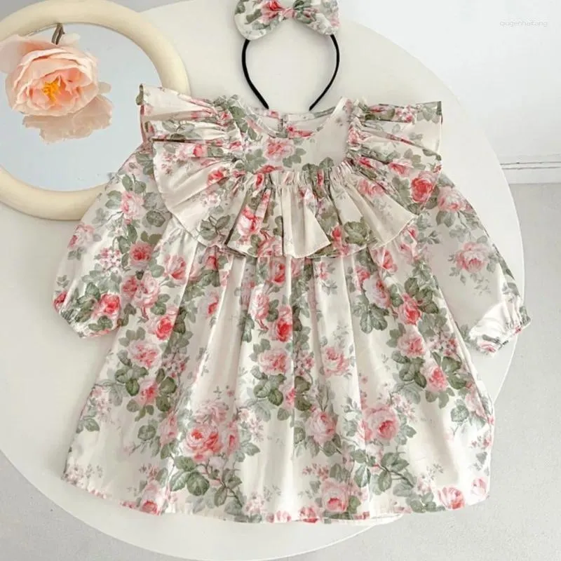 Flicka klänningar 2024 baby flickor vacker blommig klänning båge pannband elegant syster bomull födelsedag prinsessa klädbarn