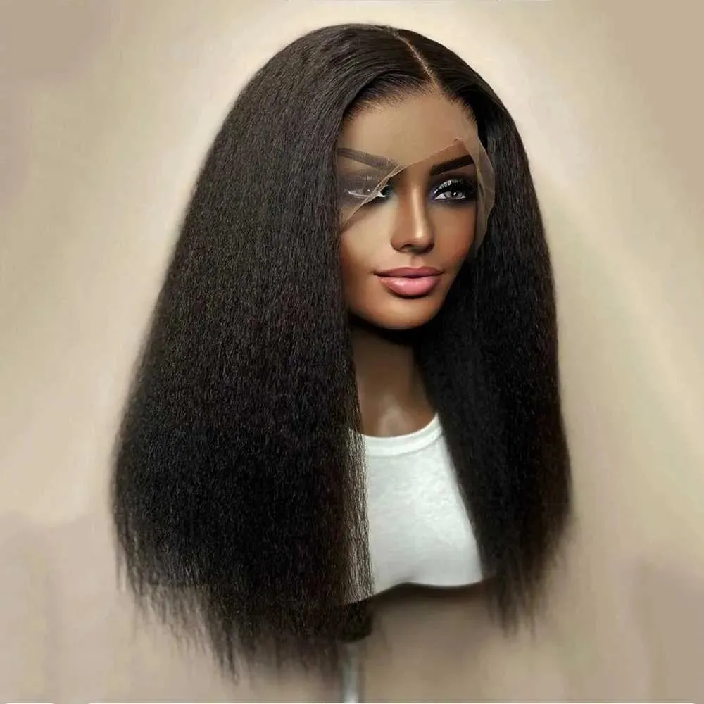 Wigs Hot Lace Wigs Kinky Straight 180% Density Black Yaki Front for Women with Baby Hair Synthetic Heat Temperature Glueless 221216