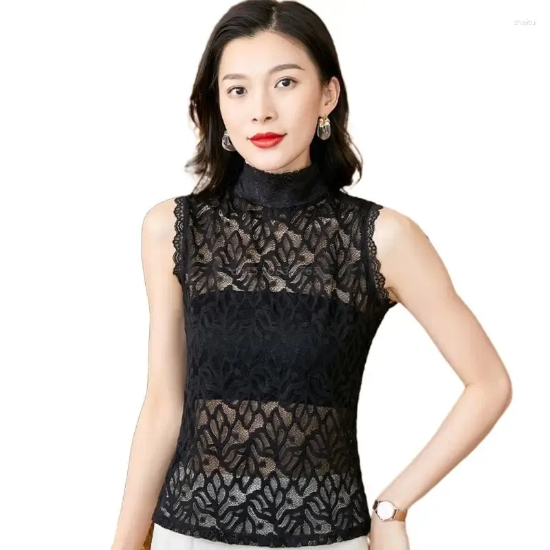 Women's Tanks Women Coral Flower Lace Sleeveless Detachable Collar Solid Color Mock Neck Half Shirt Blouse Scalloped Trim Slim Fitted