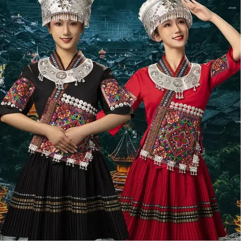 Stage Wear Chinese Hmongb Embroidery Dance Dress Miao Traditional Costume Minority Performance Women