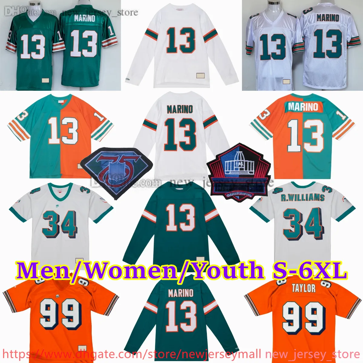 Niestandardowy s-6xl powrót 1966-1999 piłka nożna 13 Dan Marino koszulka ścieżka 12 Bob Griese 39 Larry Csonka 83 Mark Clayton 85 Mark Dubper 99 Jason Taylor Richmond Webb Jerseys